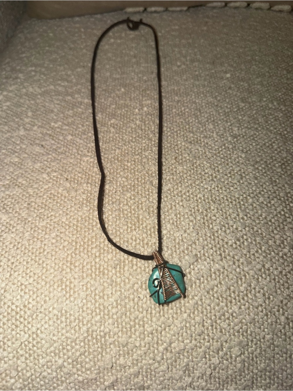 Turquoise hand wire wrapped Pendant Necklace on Brown Cord